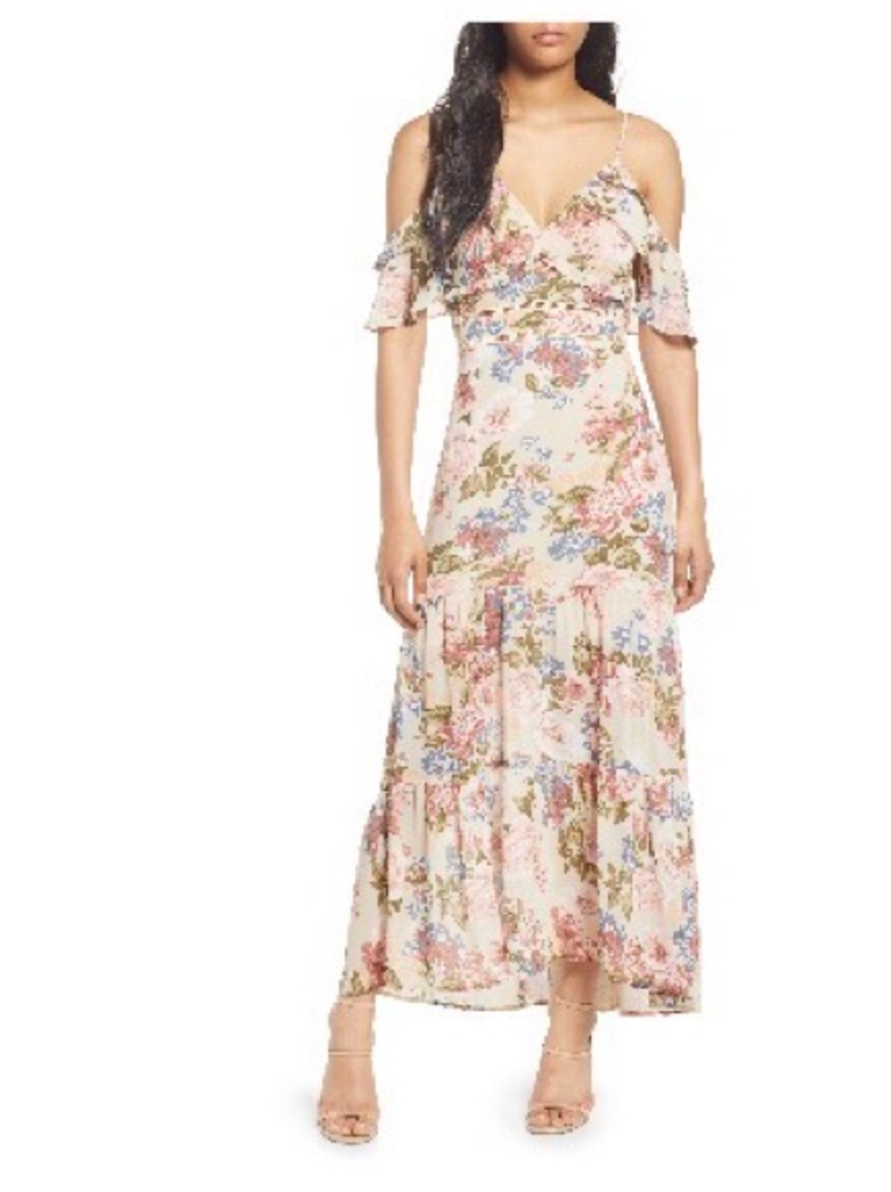 Floral flutter Sleeve Maxi Dress in floral taupe Blush Pink